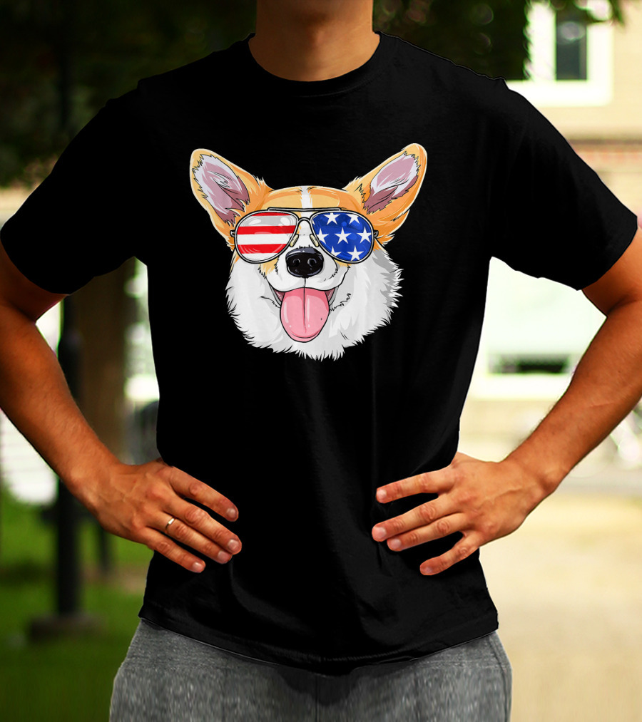 Patriotic Corgi With American Flag Sunglasses T-Shirt