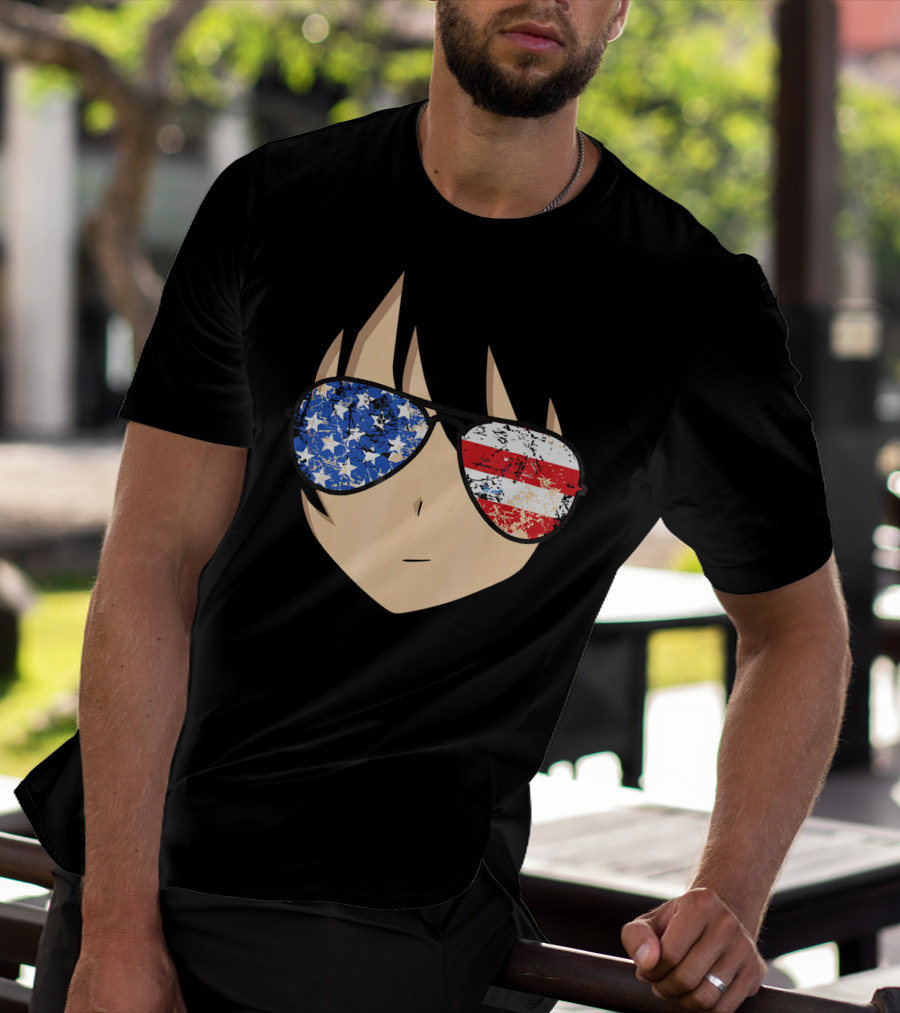 American Anime Face With Stars And Stripes USA Sunglasses T-Shirt