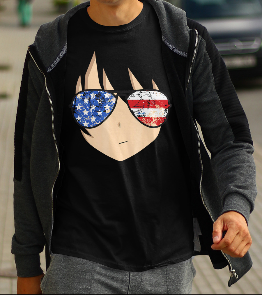 American Anime Face With Stars And Stripes USA Sunglasses T-Shirt