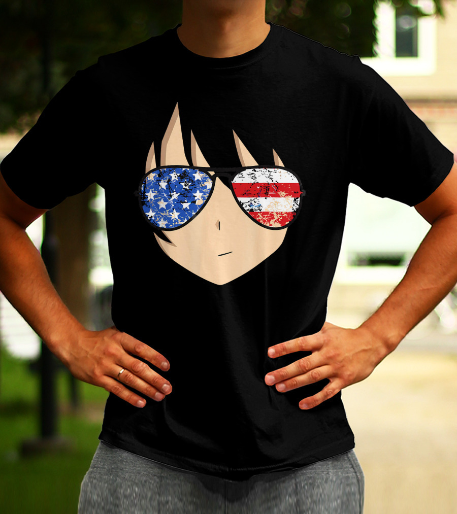 American Anime Face With Stars And Stripes USA Sunglasses T-Shirt