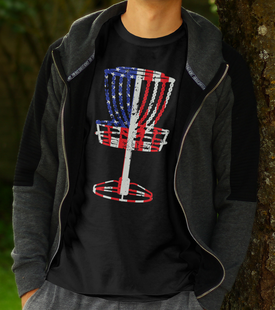 Patriotic USA Disc Golf Basket American Flag Frisbee Golfing T-Shirt