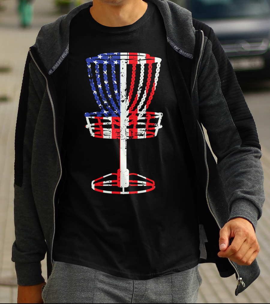 Patriotic USA Disc Golf Basket American Flag Frisbee Golfing T-Shirt