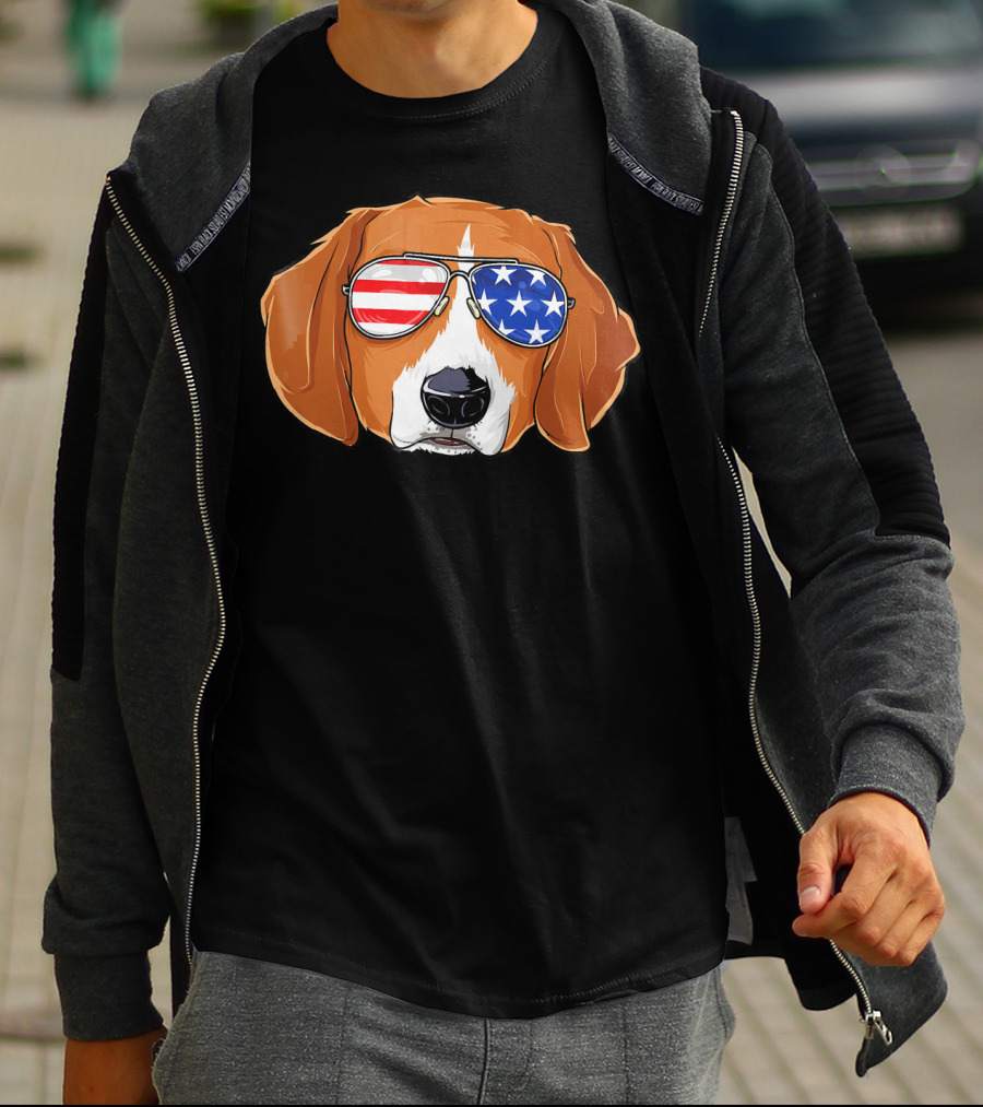 Beagle Wearing American Flag Sunglasses With Patriotic T-Shirt