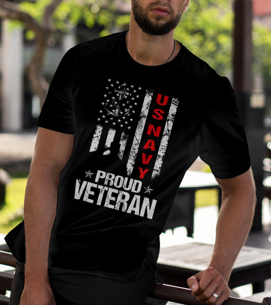 US Navy Proud Veteran Patriotic American Flag Anchor Stars T-Shirt