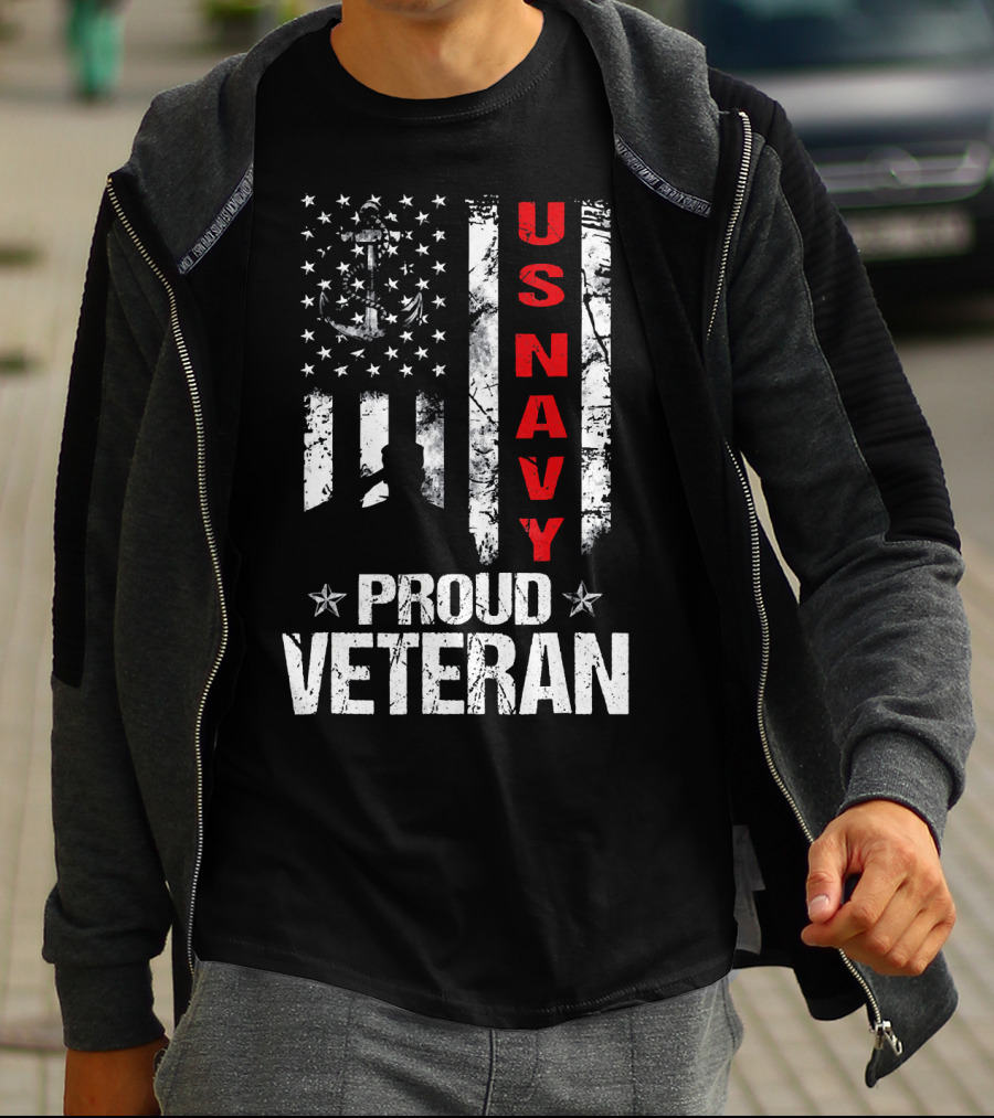 US Navy Proud Veteran Patriotic American Flag Anchor Stars T-Shirt