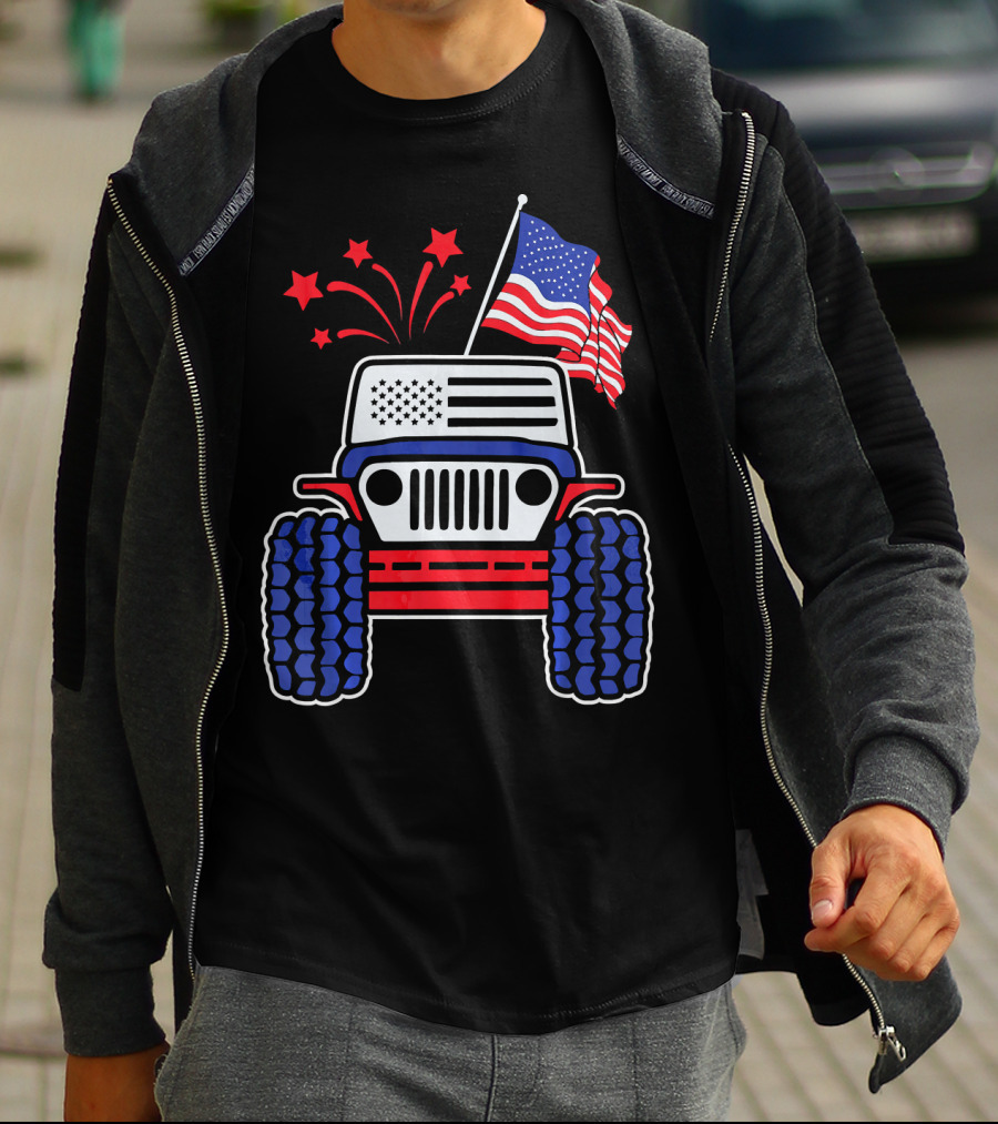 Jeep With Stars And Stripes American Flag Fireworks T-Shirt