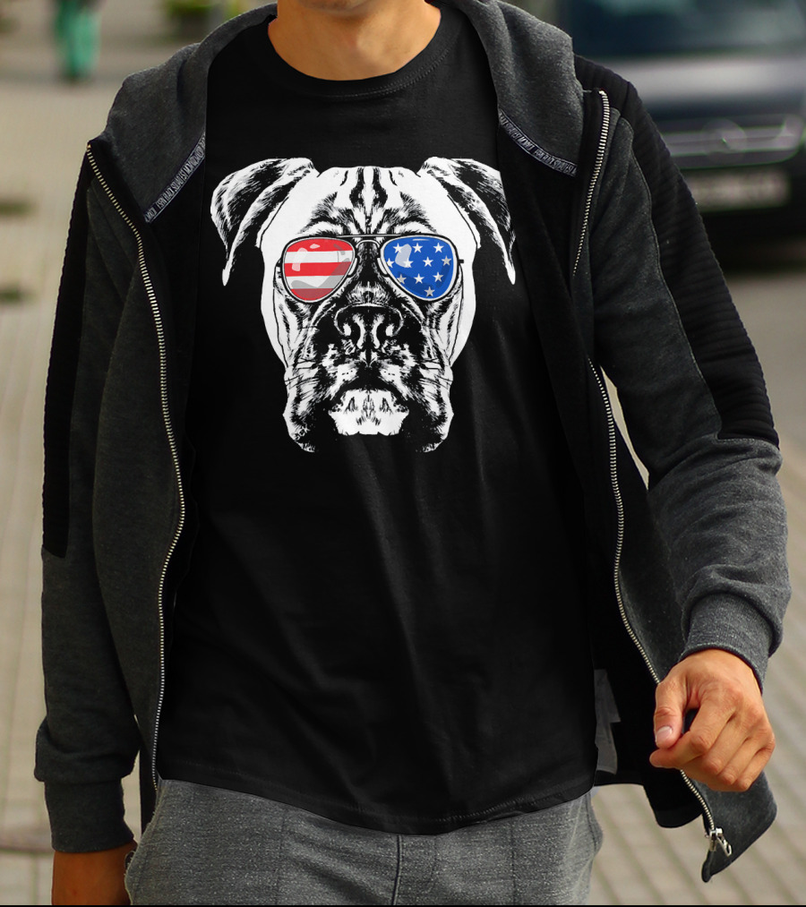 Boxer Dog American Flag Sunglasses Patriotic T-Shirt