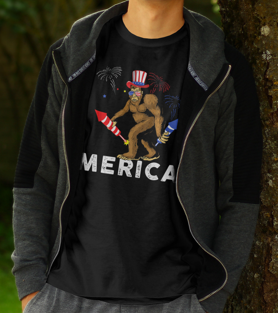 Bigfoot Merica Fireworks Patriotic Hat Independence Day T-Shirt