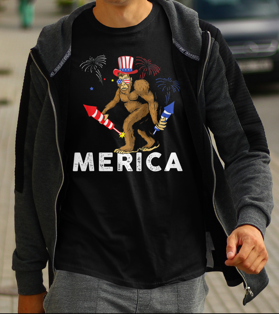 Bigfoot Merica Fireworks Patriotic Hat Independence Day T-Shirt