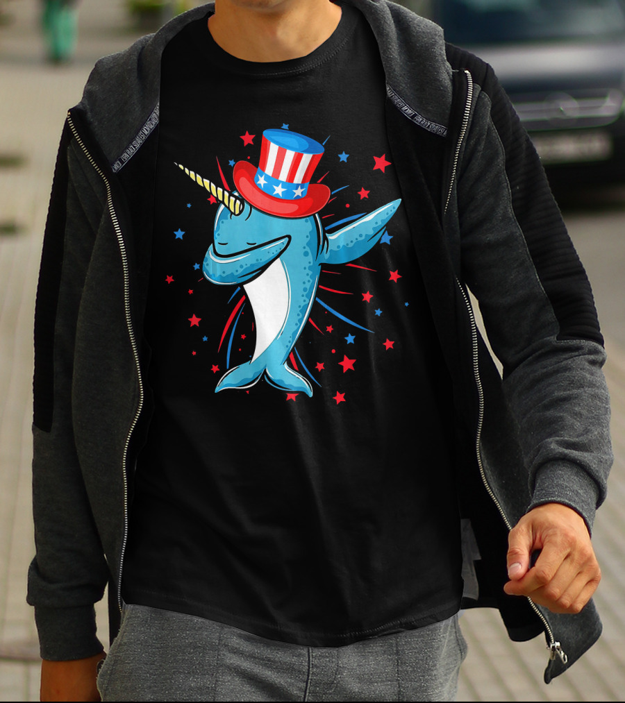 Dabbing Narwhal With Stars And Stripes Hat Firework Background T-Shirt