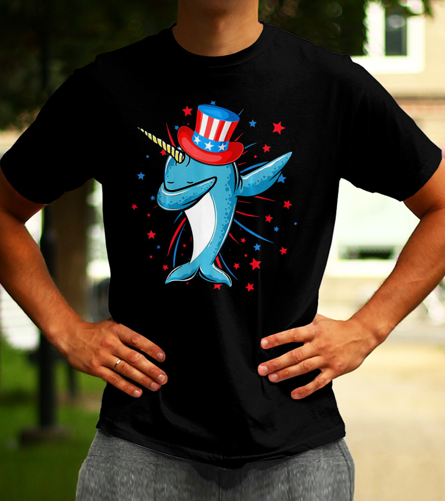 Dabbing Narwhal With Stars And Stripes Hat Firework Background T-Shirt