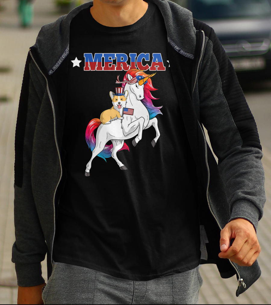 MERICA Corgi Dog Riding Unicorn With American Flag USA T-Shirt