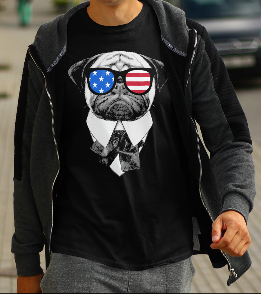 Patriotic Pug With American Flag Sunglasses And Tie T-Shirt
