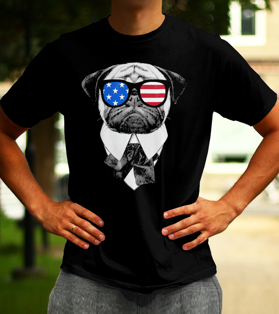 Patriotic Pug With American Flag Sunglasses And Tie T-Shirt