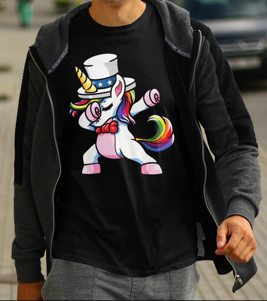 Girls Dabbing Unicorn With Patriotic American Hat T-Shirt