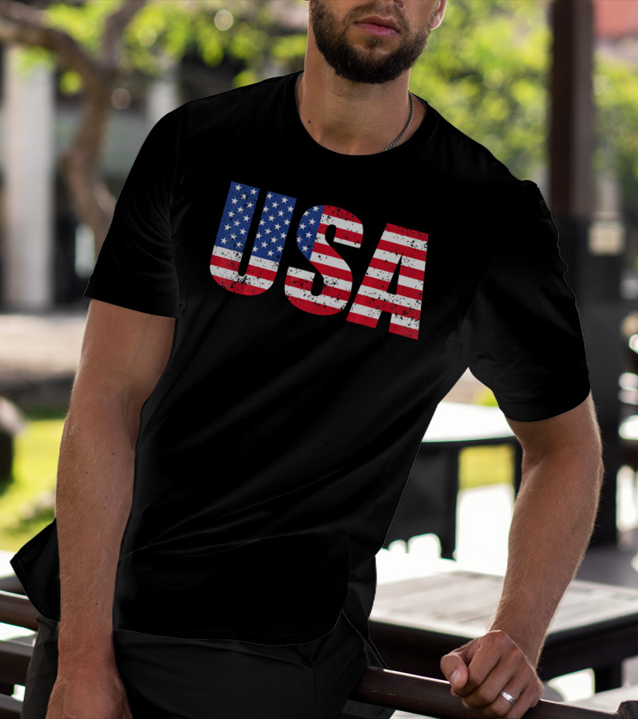 USA Flag American Patriotic Stars And Stripes Bold Lettering T-Shirt
