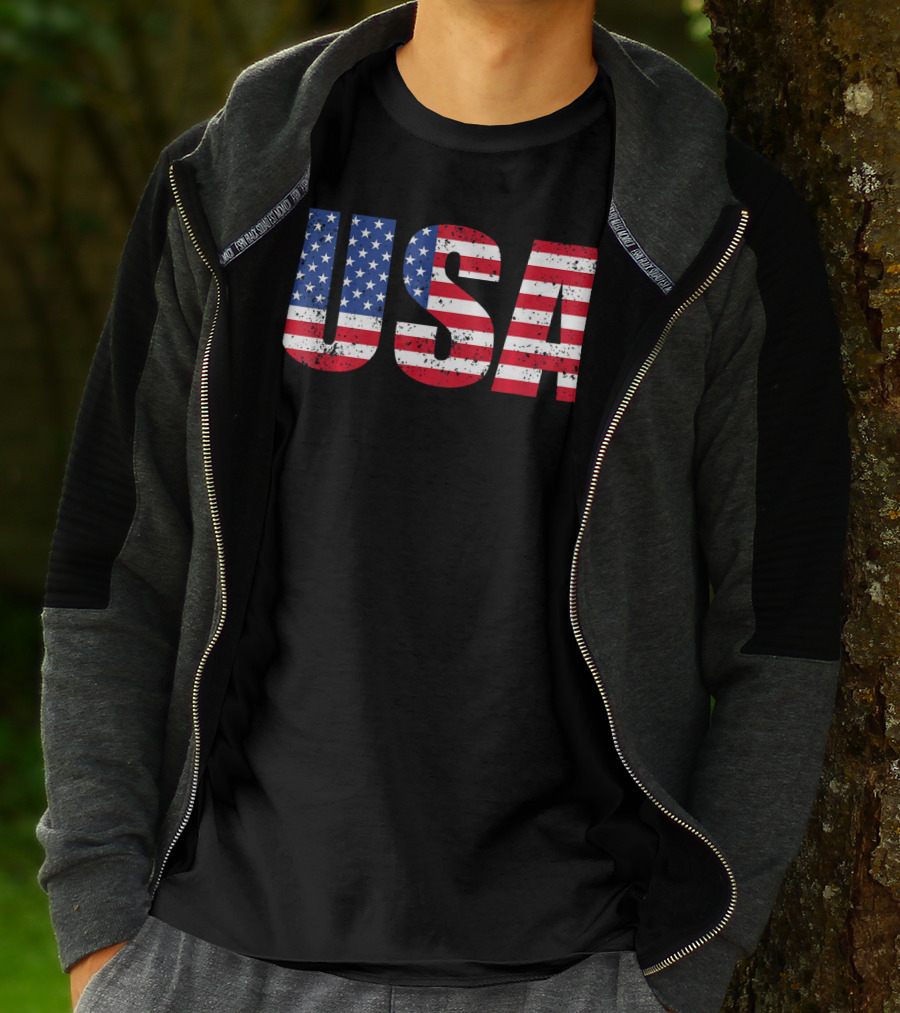 USA Flag American Patriotic Stars And Stripes Bold Lettering T-Shirt