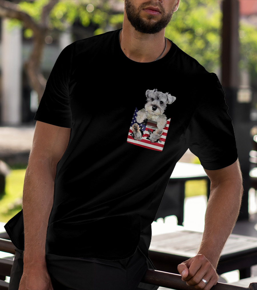 Schnauzer Dog In Pocket With American Flag T-Shirt