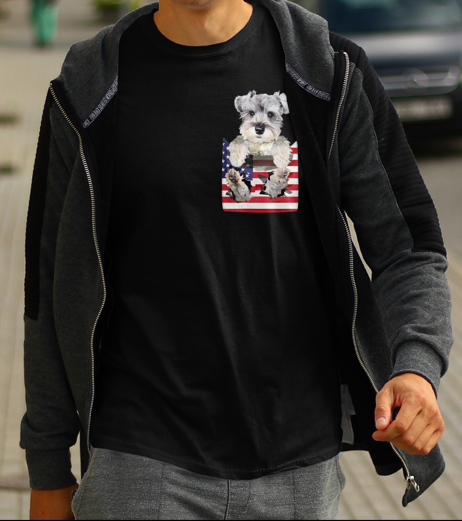 Schnauzer Dog In Pocket With American Flag T-Shirt