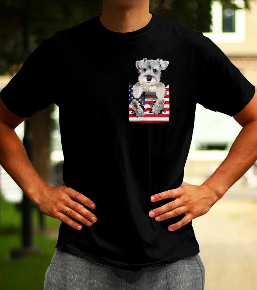 Schnauzer Dog In Pocket With American Flag T-Shirt
