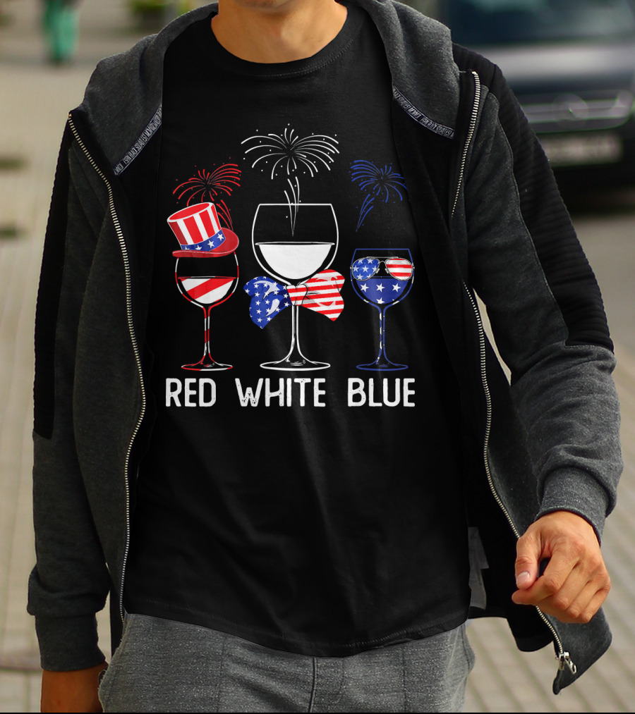 Red White Blue Wine Glasses Patriotic Fireworks USA T-Shirt