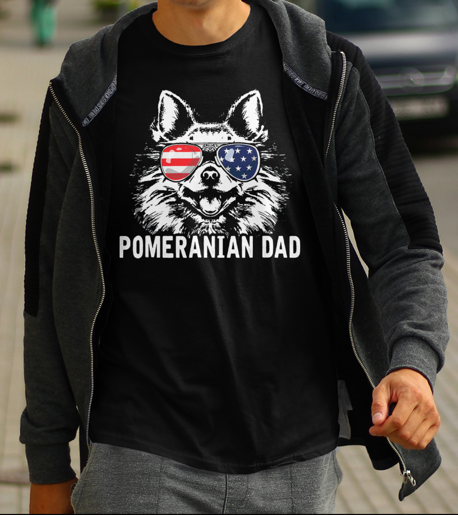 Pomeranian Dad American Flag Sunglasses T-Shirt