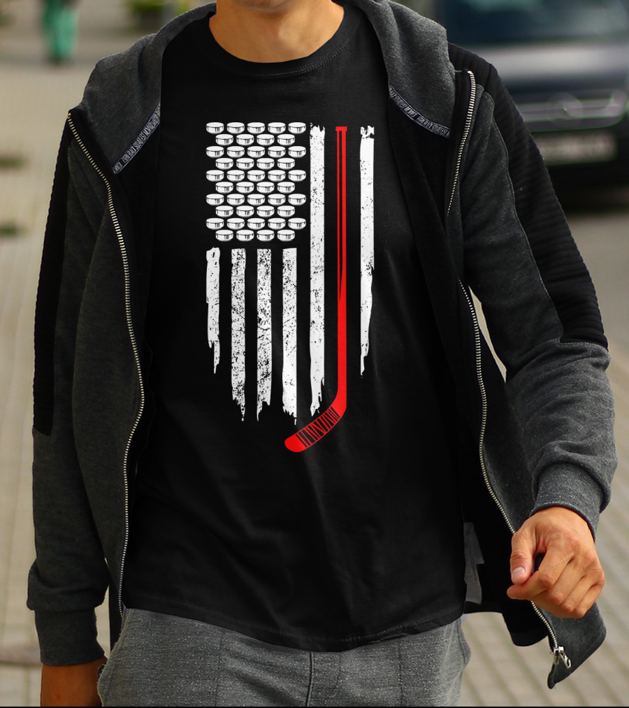 Patriotic Hockey Flag Design With Red Hockey Stick And Puck Stars T-Shirt