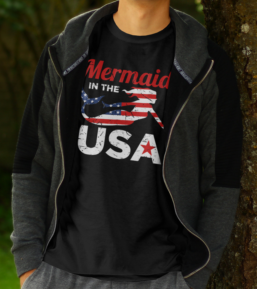 Mermaid In The USA American Flag T-Shirt