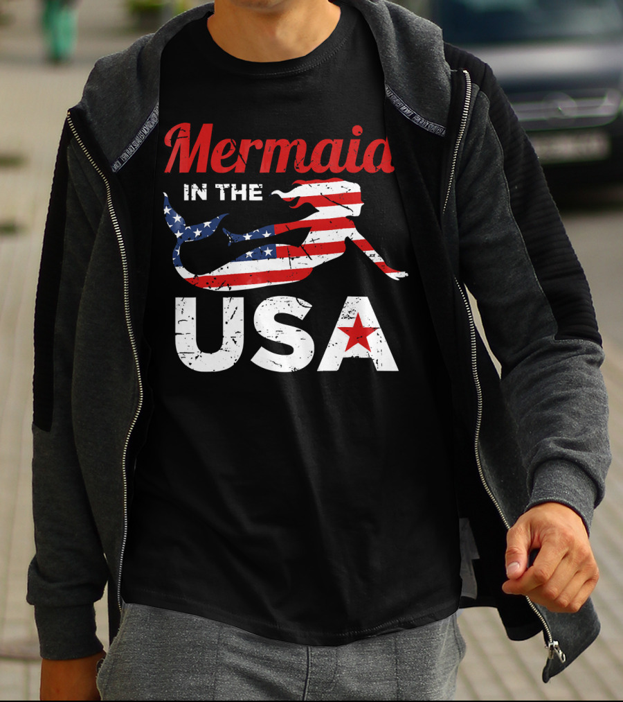 Mermaid In The USA American Flag T-Shirt