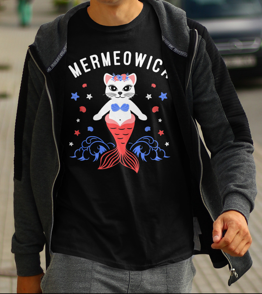 Mermeowica Patriotic Cat Mermaid With Flowers And Stars T-Shirt