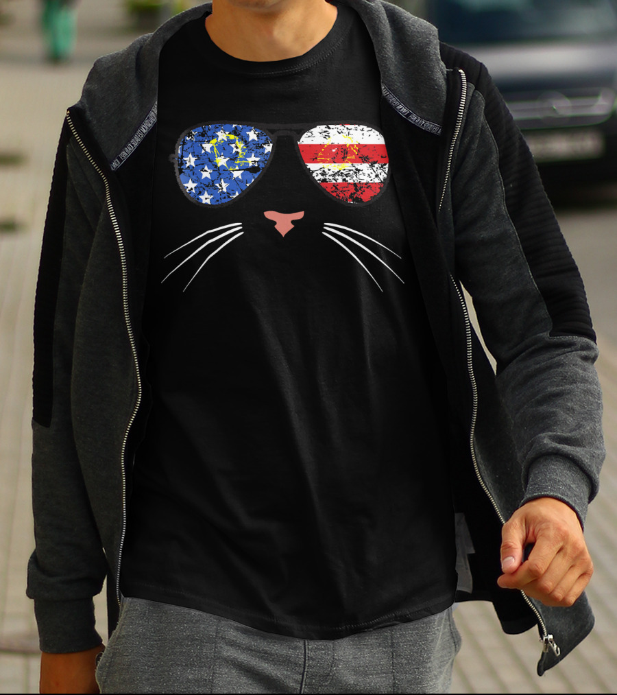 American Cat Face Stars Stripes USA Sunglasses T-Shirt