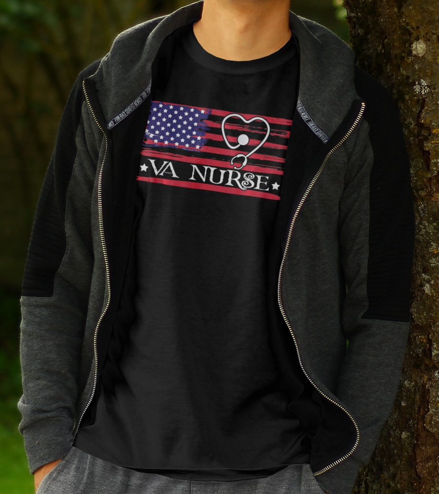 American Flag VA Nurse Heart Stethoscope Patriotic T-Shirt