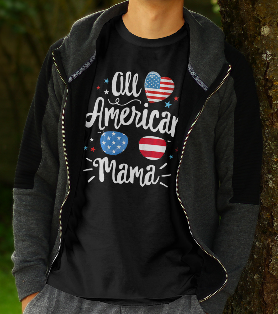 All American Mama Heart And Sunglasses With Flag Elements T-Shirt
