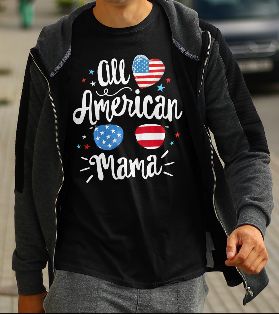 All American Mama Heart And Sunglasses With Flag Elements T-Shirt