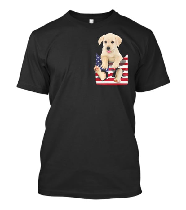 Labrador Puppy Sitting In American Flag Pocket T-Shirt
