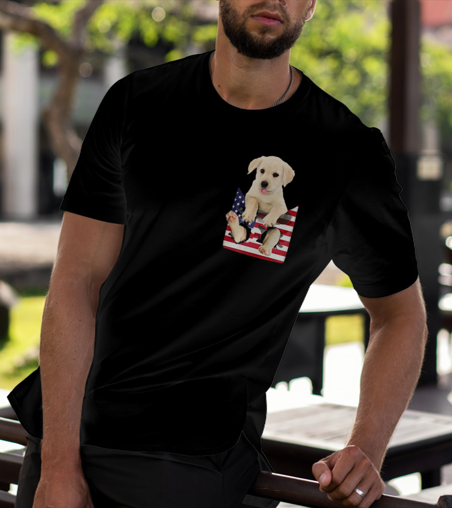 Labrador Puppy Sitting In American Flag Pocket T-Shirt