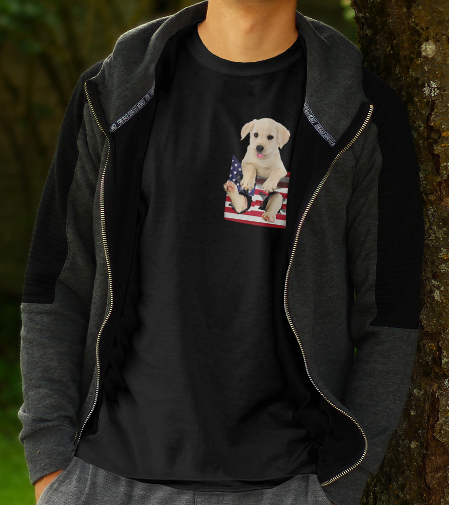 Labrador Puppy Sitting In American Flag Pocket T-Shirt