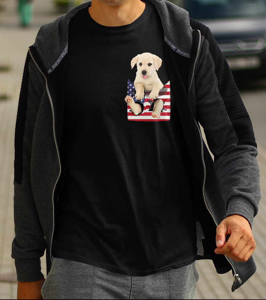 Labrador Puppy Sitting In American Flag Pocket T-Shirt