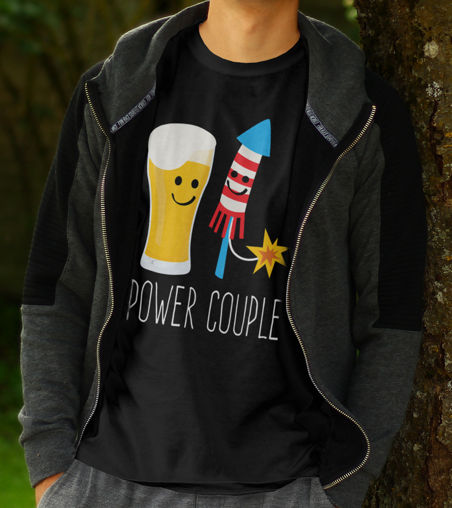 Beer And Fireworks Power Couple Smiling Glass And Rocket T-Shirt