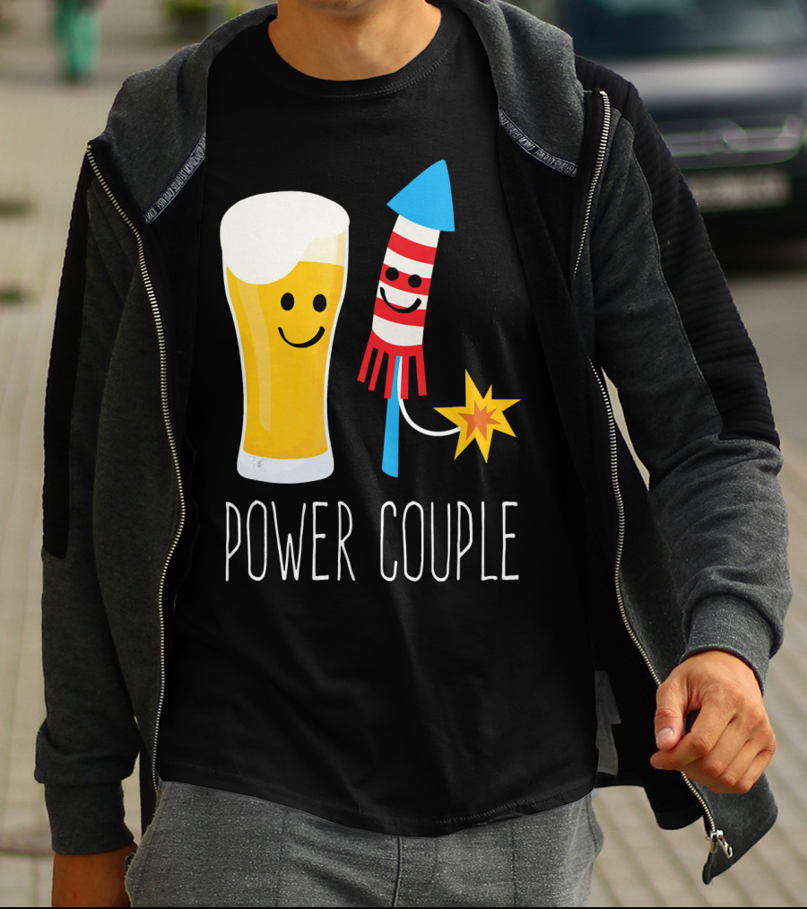 Beer And Fireworks Power Couple Smiling Glass And Rocket T-Shirt
