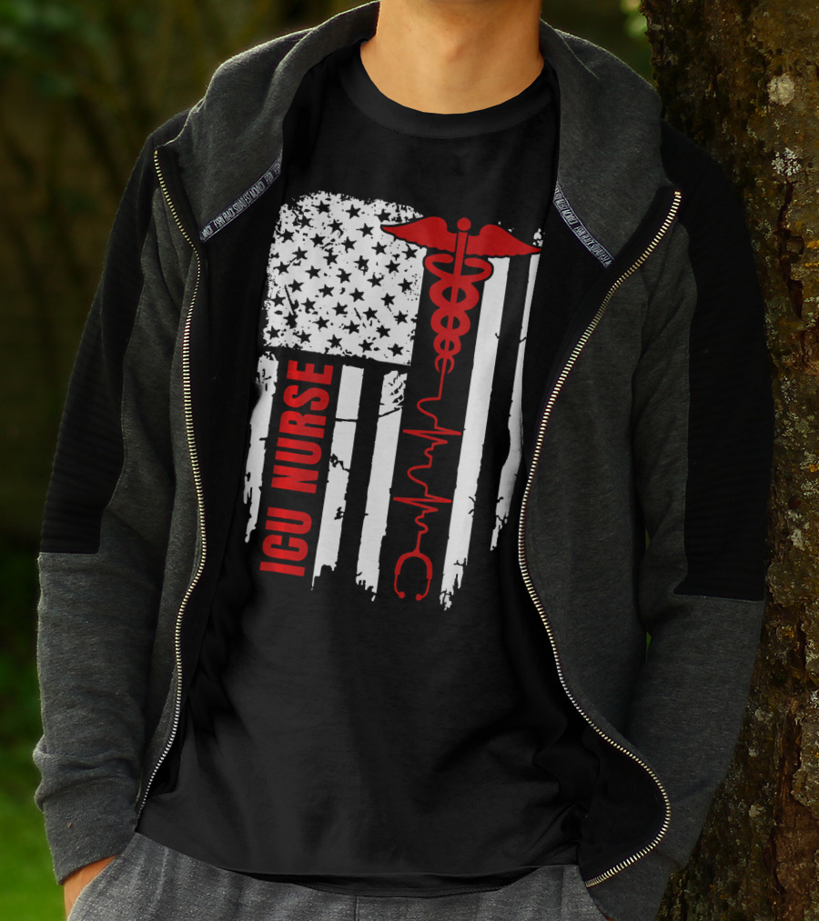 ICU Nurse American Flag Caduceus Heartbeat T-Shirt