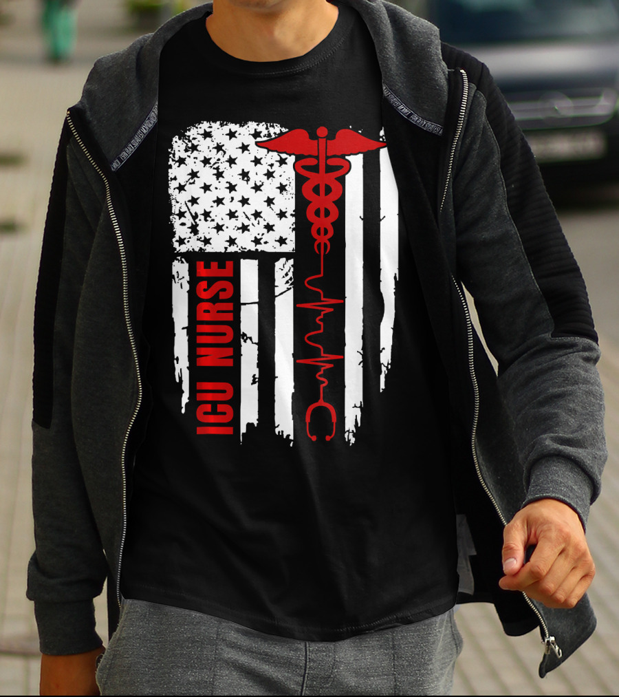 ICU Nurse American Flag Caduceus Heartbeat T-Shirt