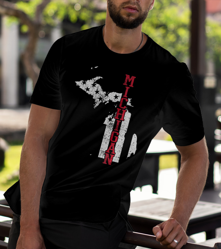 Michigan State Vintage USA Flag Patriotic Map T-Shirt