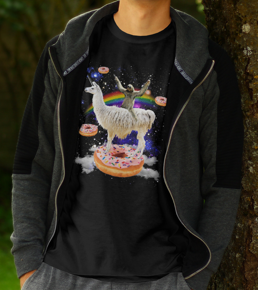 Space Adventure Sloth On Unicorn Llama With Floating Donuts And Rainbow T-Shirt