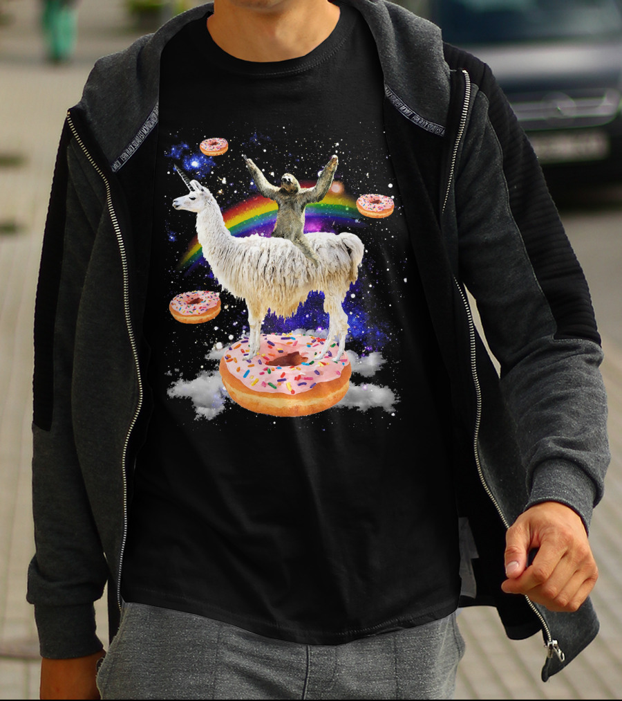 Space Adventure Sloth On Unicorn Llama With Floating Donuts And Rainbow T-Shirt