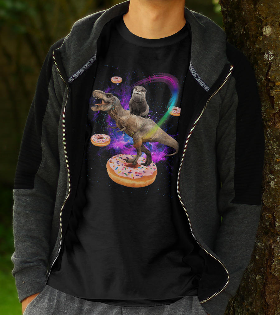 Space Otter On Dinosaur In Galaxy With Donuts T-Shirt