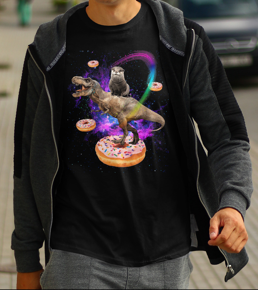 Space Otter On Dinosaur In Galaxy With Donuts T-Shirt