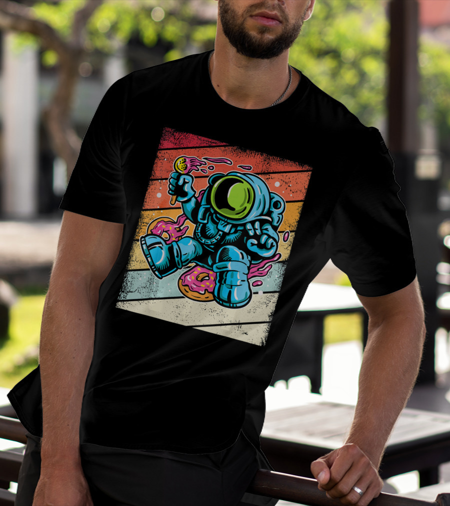 Astronaut Enjoying Ice Cream And Donuts In Retro Space Suit On Colorful T-Shirt