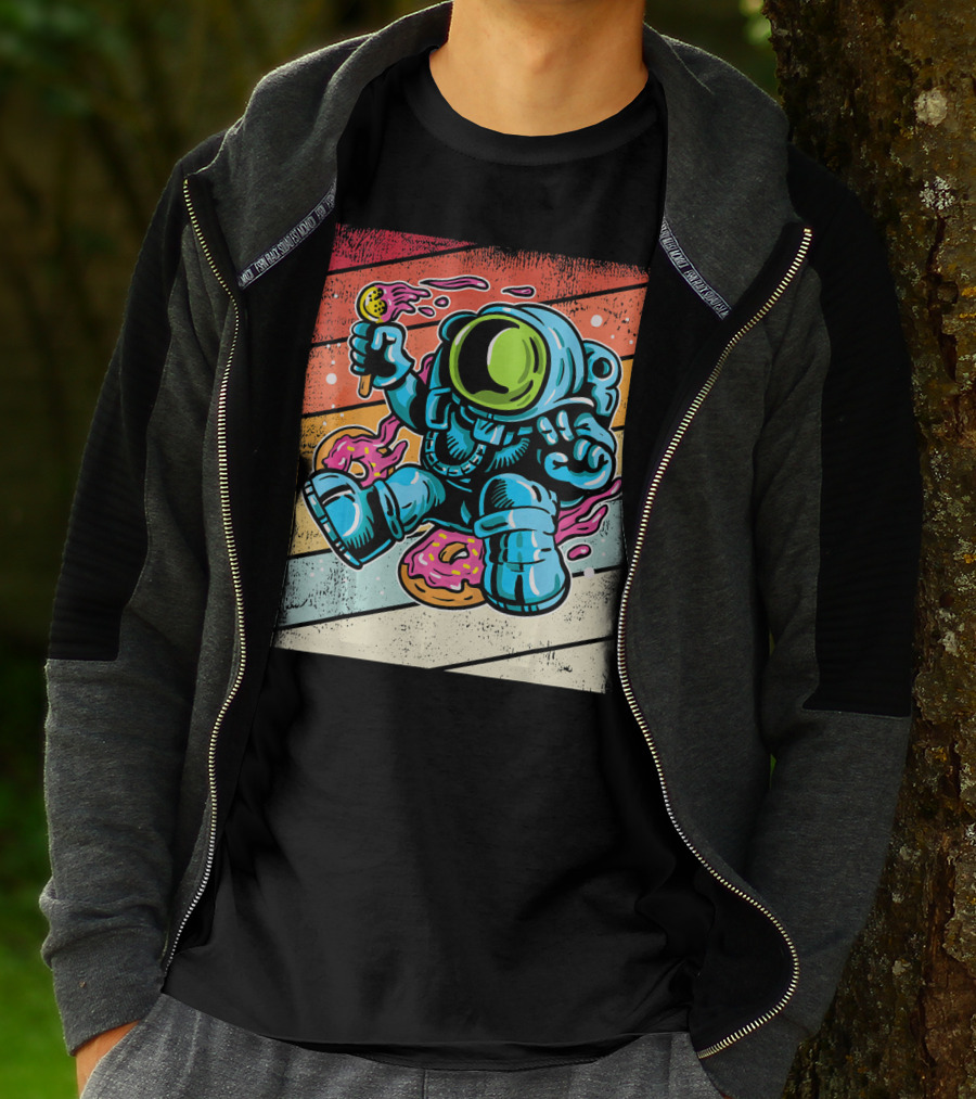 Astronaut Enjoying Ice Cream And Donuts In Retro Space Suit On Colorful T-Shirt