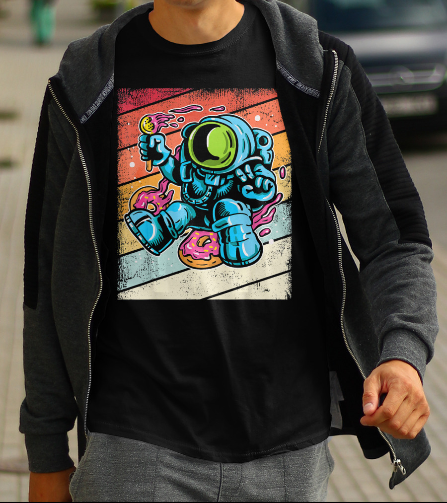Astronaut Enjoying Ice Cream And Donuts In Retro Space Suit On Colorful T-Shirt